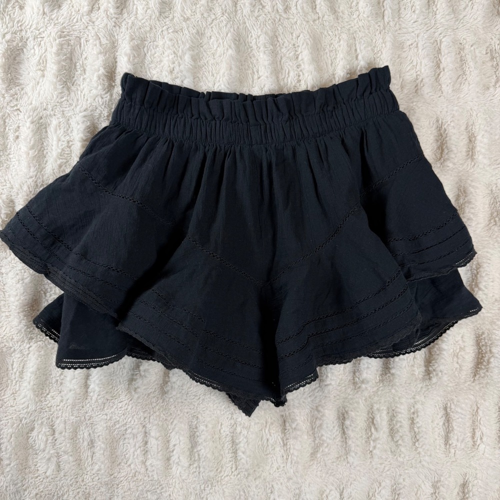 Aerie Black Tiered Ruffle Shorts Smocked Waist Lace Trim Cotton Gauze Small NWT